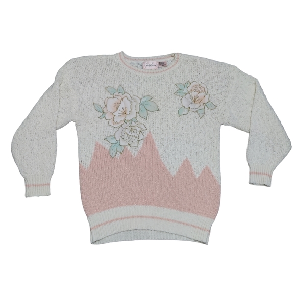 Jaclyn Smith VTG Knit Sweater Women's Large Beaded Floral Cream Pink Long Sleeve - Picture 3 of 16